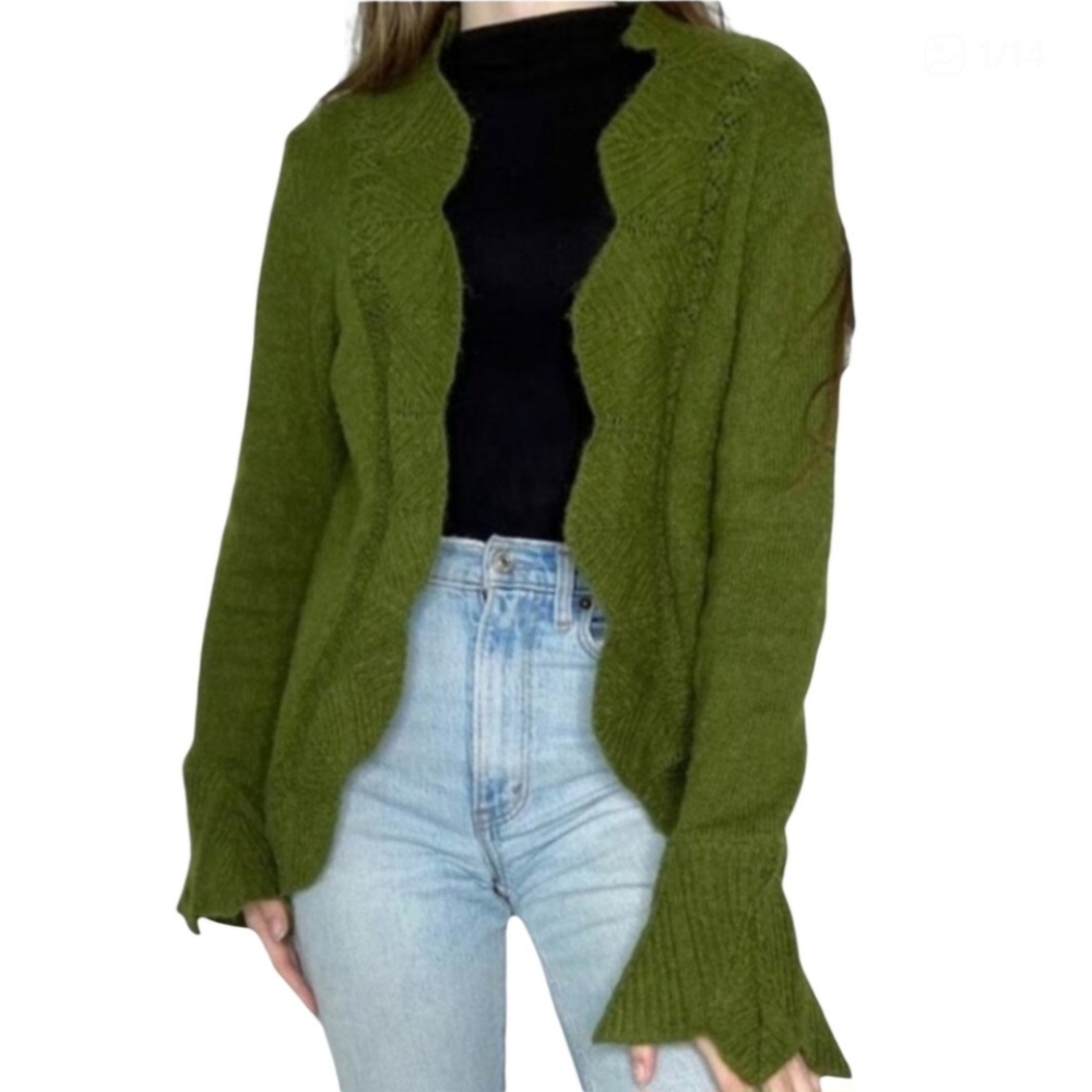 Cabi Cardigan Sweater Olive Mohair Blend Scallop Trim Womens Size Large